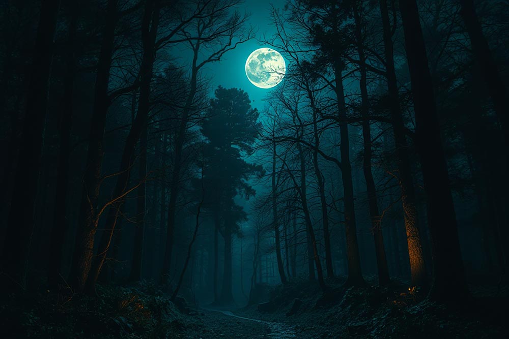 A mystical forest illuminated by moonlight, in the style of surrealism, using chiaroscuro lightin