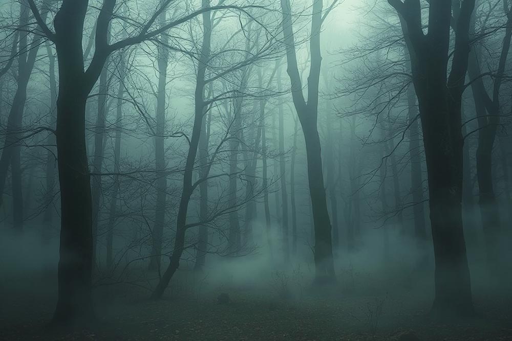 A romantic mystical forest enveloped in mist, inspired by Romanticism, with soft light transitions using sfumato