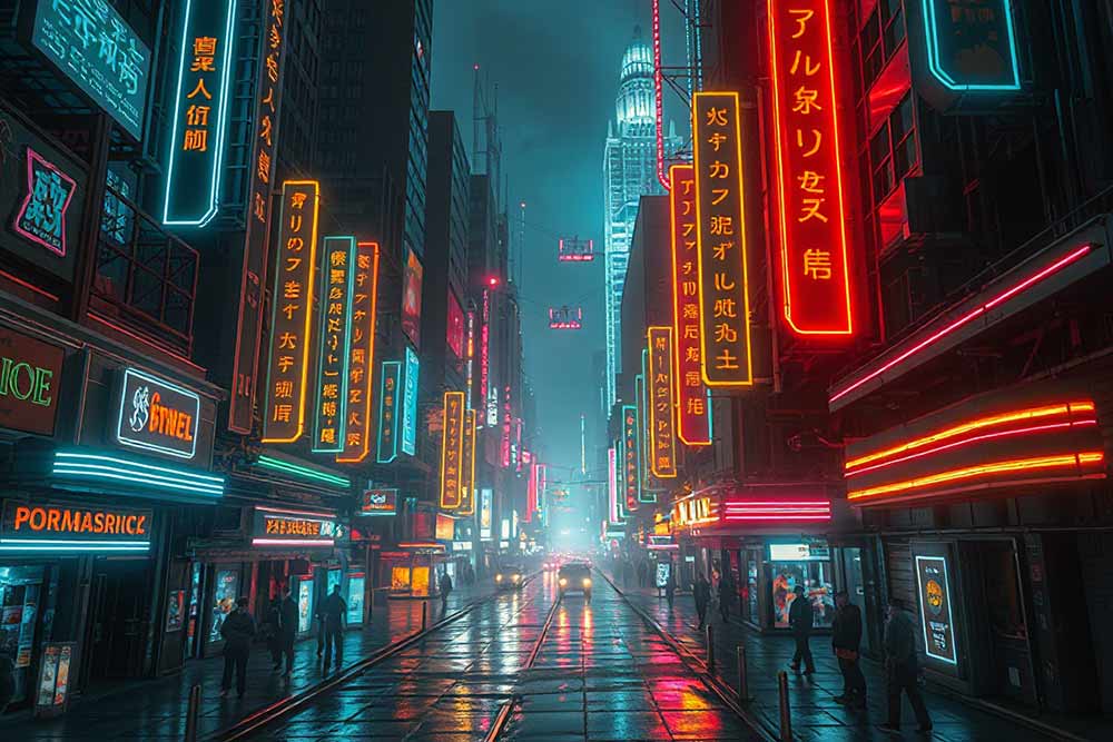 retro-futuristic cyberpunk city with neon lights, inspired by Art Deco and chiaroscuro lighting