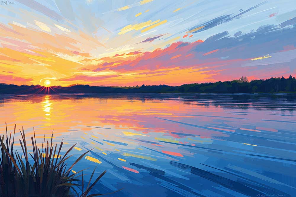 A serene lake at sunset, inspired by Impressionism, with vibrant colors and soft brush strokes